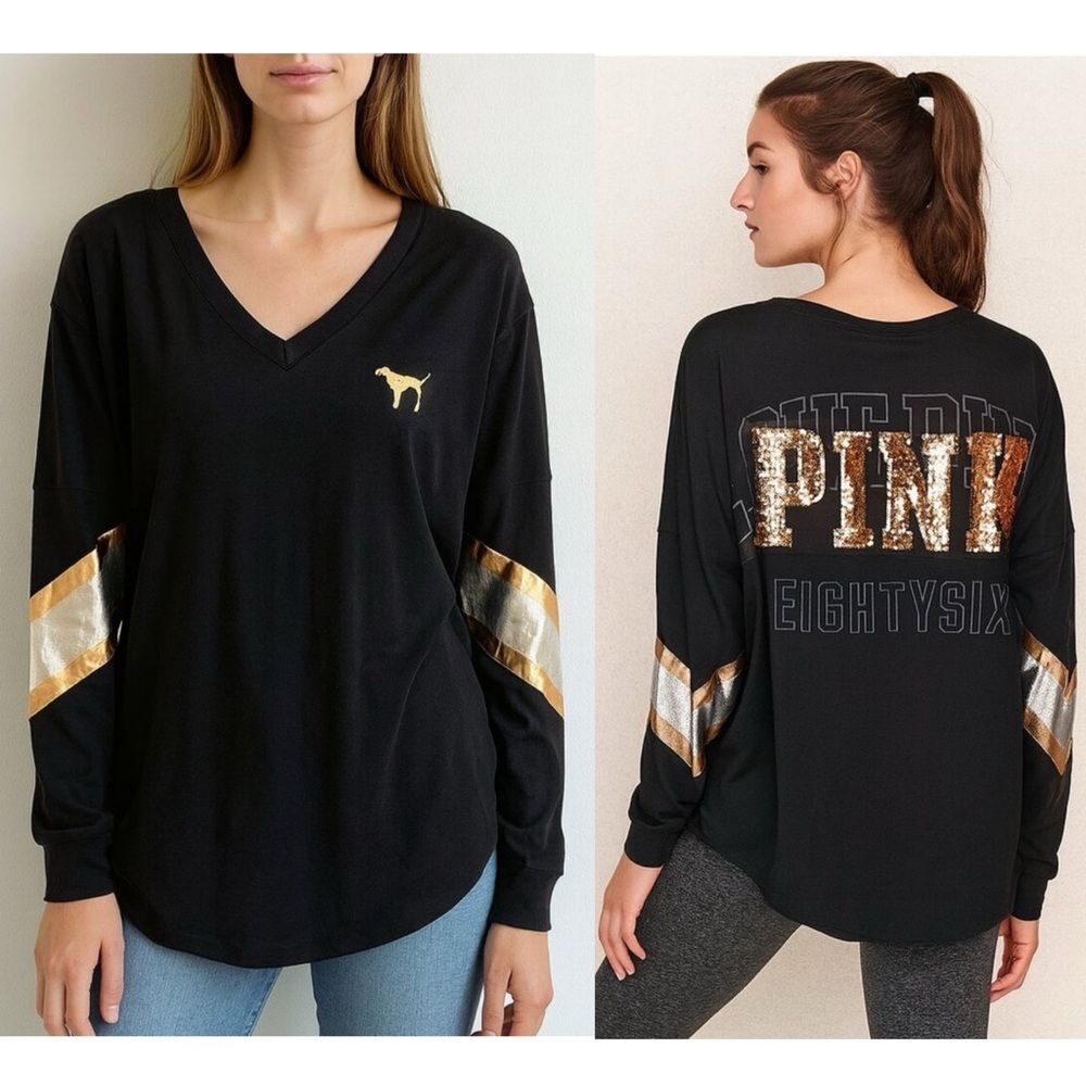 PINK Victoria’s Secret Womens Black V Neck Top Large Sequin Logo Varsity Y2K